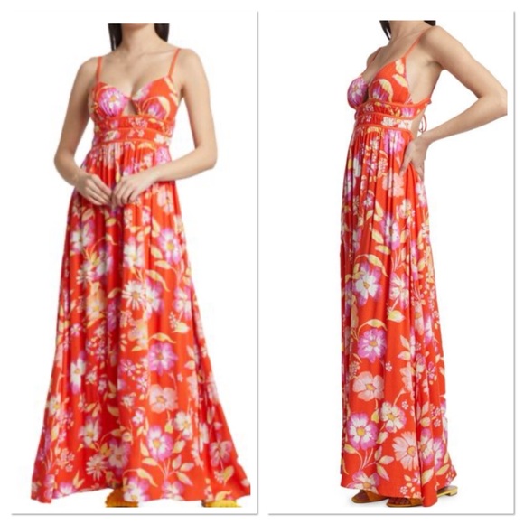 Free People Dresses & Skirts - FREE PEOPLE Wisteria Maxi Dress Floral Vibrant Orange Sz M Viscous